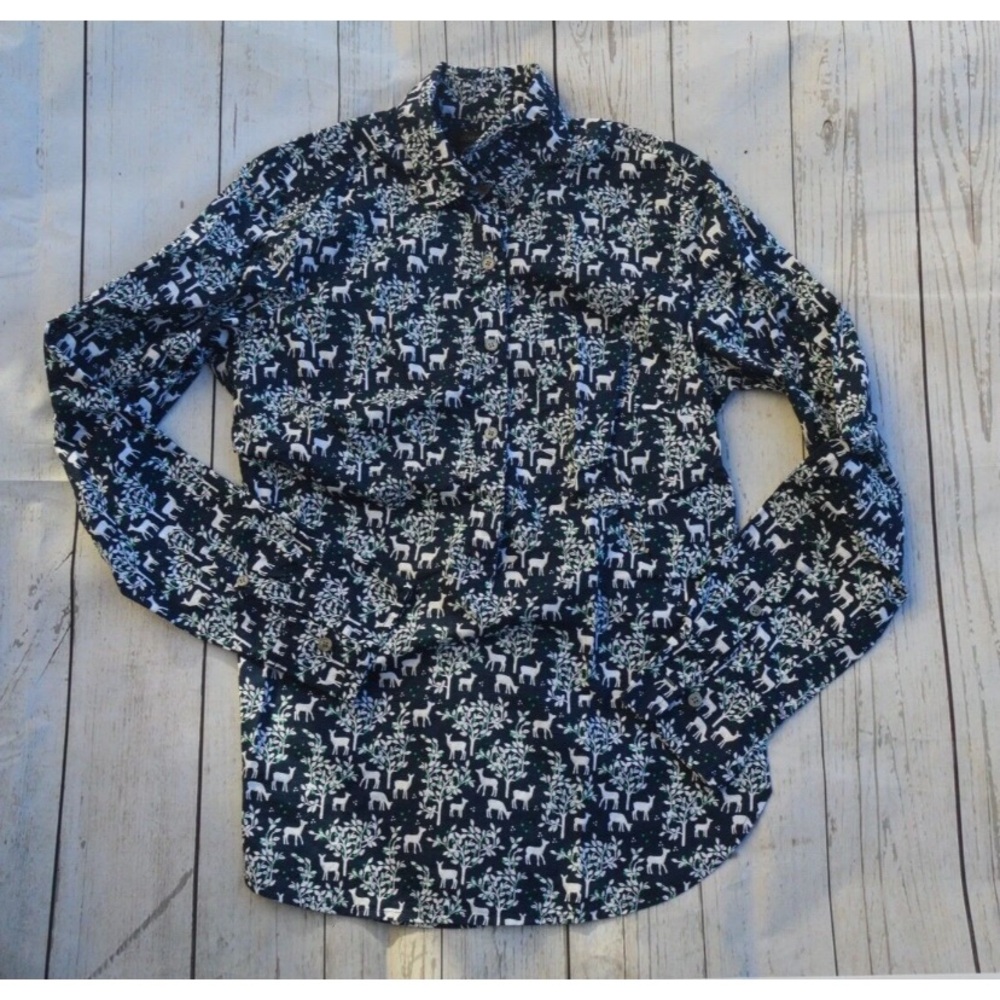 J.Crew Sz 00 Women's Button-up Shirt Long Sleeves Printed Blue Poplin Shirt